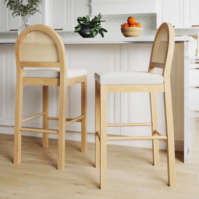 Bailey Natural Rattan and Wood Bar Stools with Boucle Upholstery, Set of 2