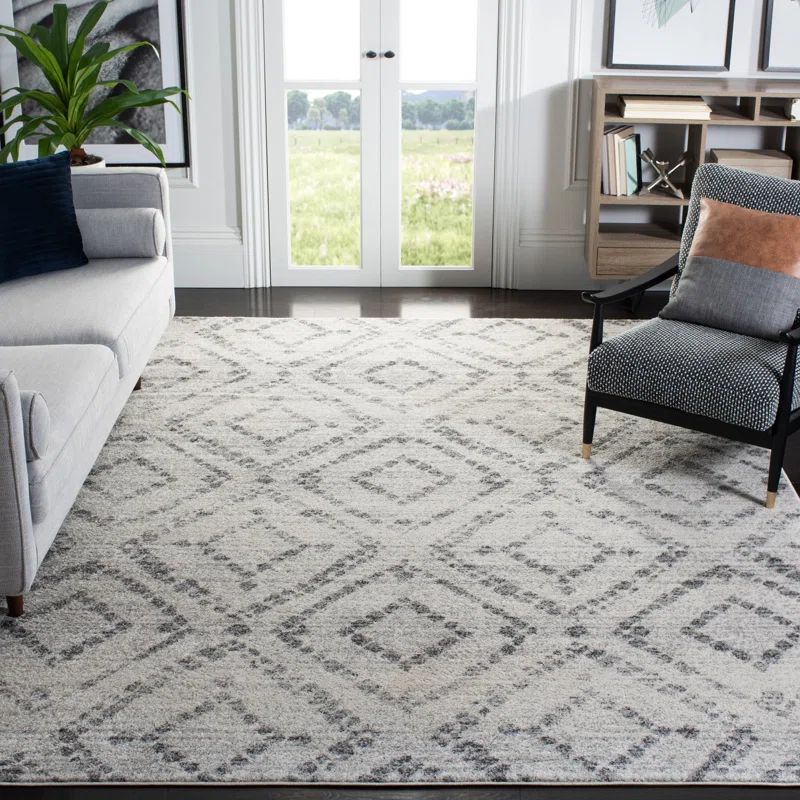 Light Grey and Grey Synthetic Reversible Geometric Area Rug, 10' x 14'