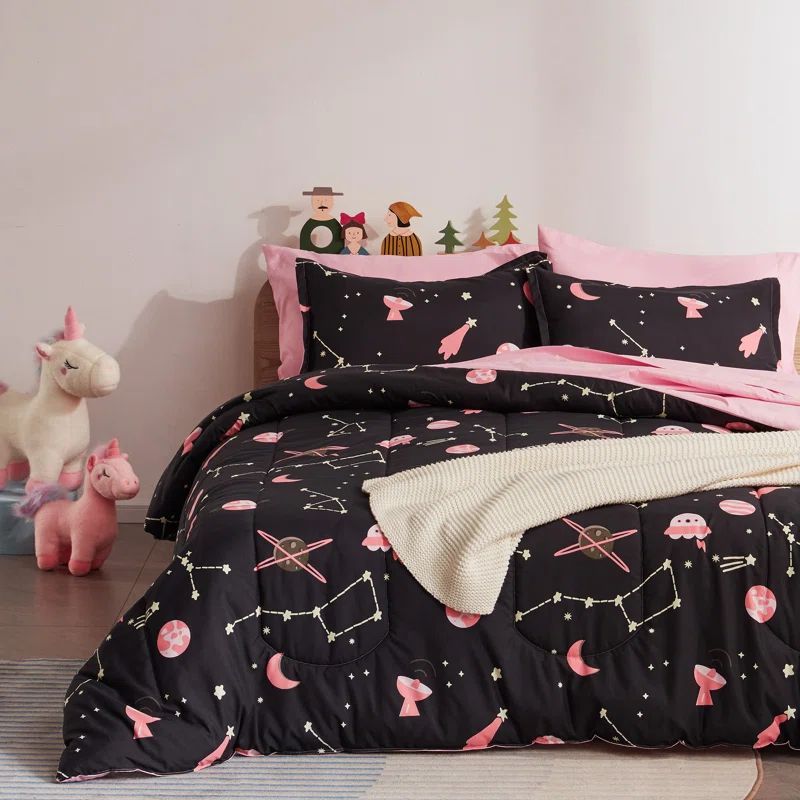 Pink and Black Twin Galaxy Microfiber Kids Bedding Set