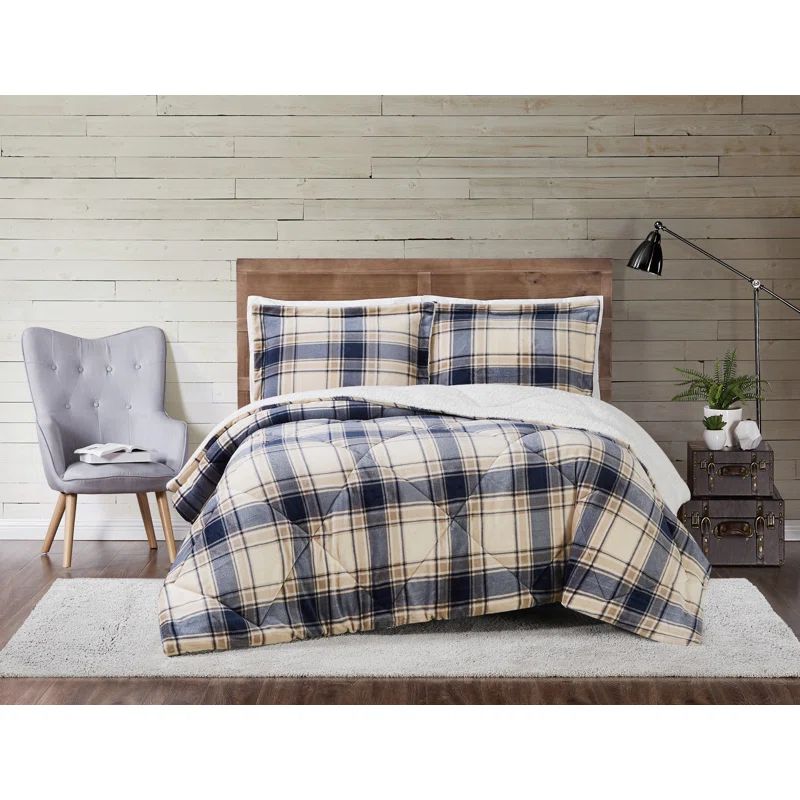 Twin XL Blue and Cream Reversible Plaid Comforter Set