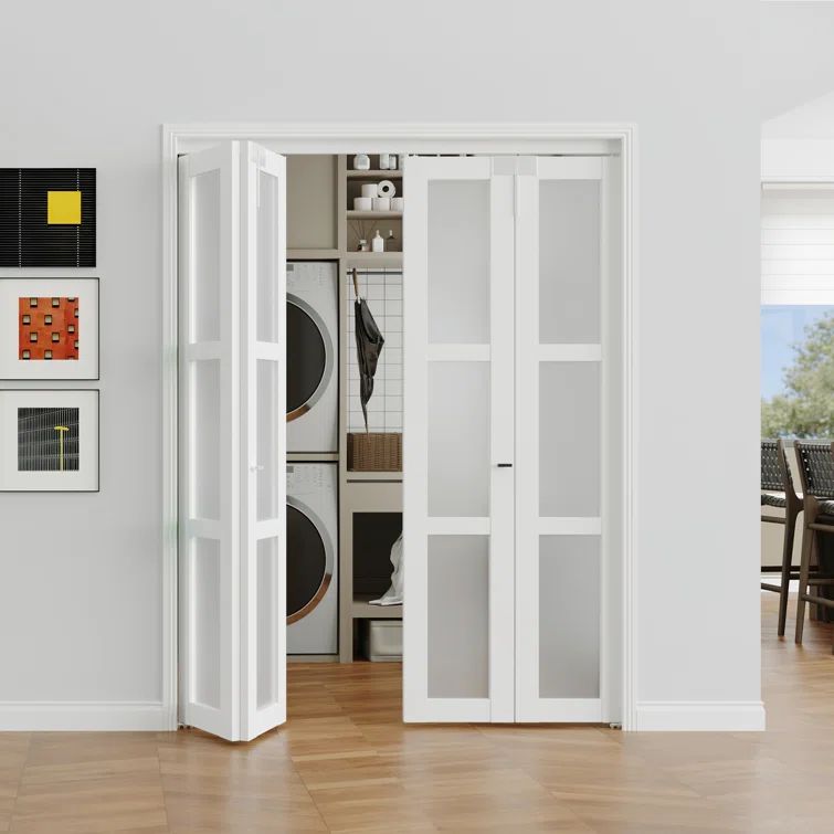 60 in. x 80 in. White MDF Bi-Fold Door with Frosted Glass Panels
