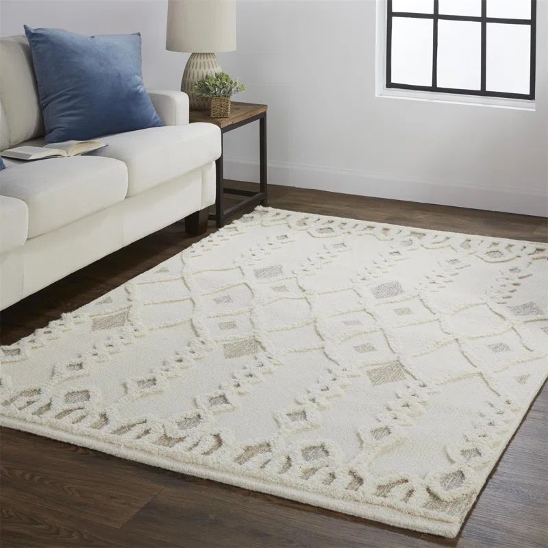 Ivory Geometric Handmade Tufted Wool 4' x 6' Area Rug
