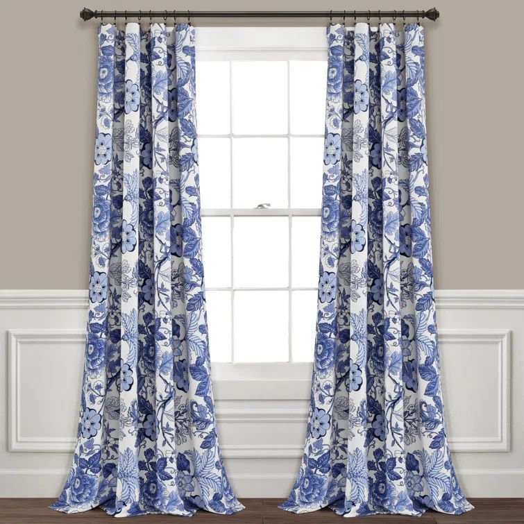 Navy and White Floral Blackout Polyester Curtains, 52" x 84"