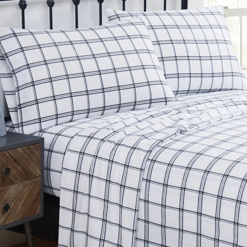 King White and Black Cotton Flannel Plaid Sheet Set