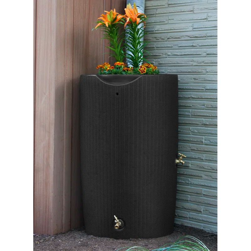 Dark Brown Wicker 50 Gallon Planter Rain Barrel