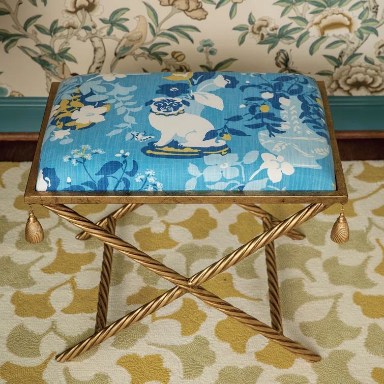 Blue and White Cotton Upholstered Steel Accent Stool