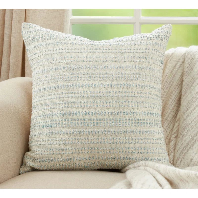 Aqua Woven Line Cotton Blend Square Throw Pillow