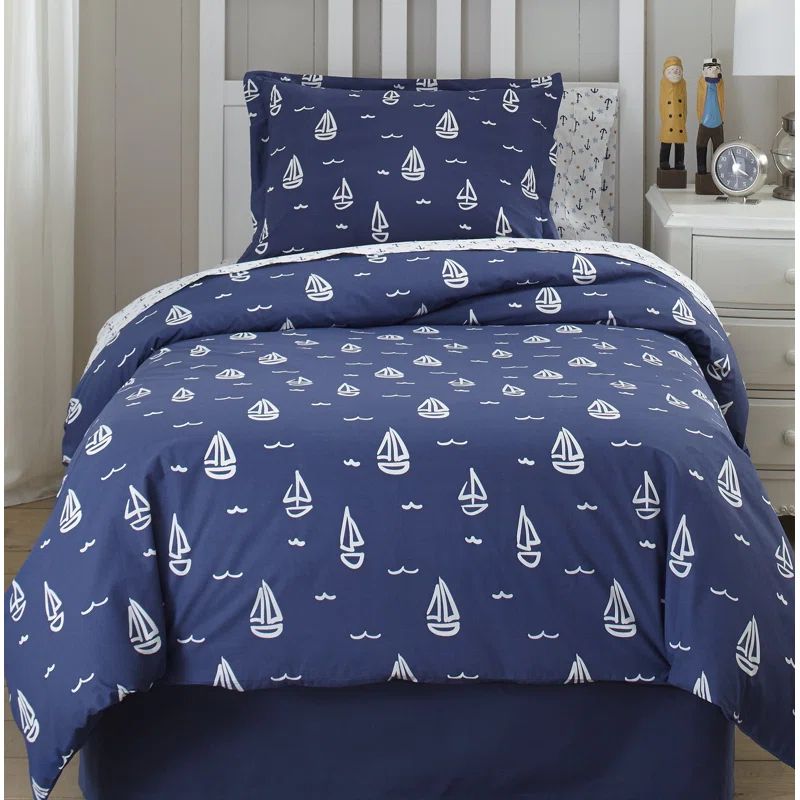Away at Sea Blue and White Cotton Queen Duvet Set