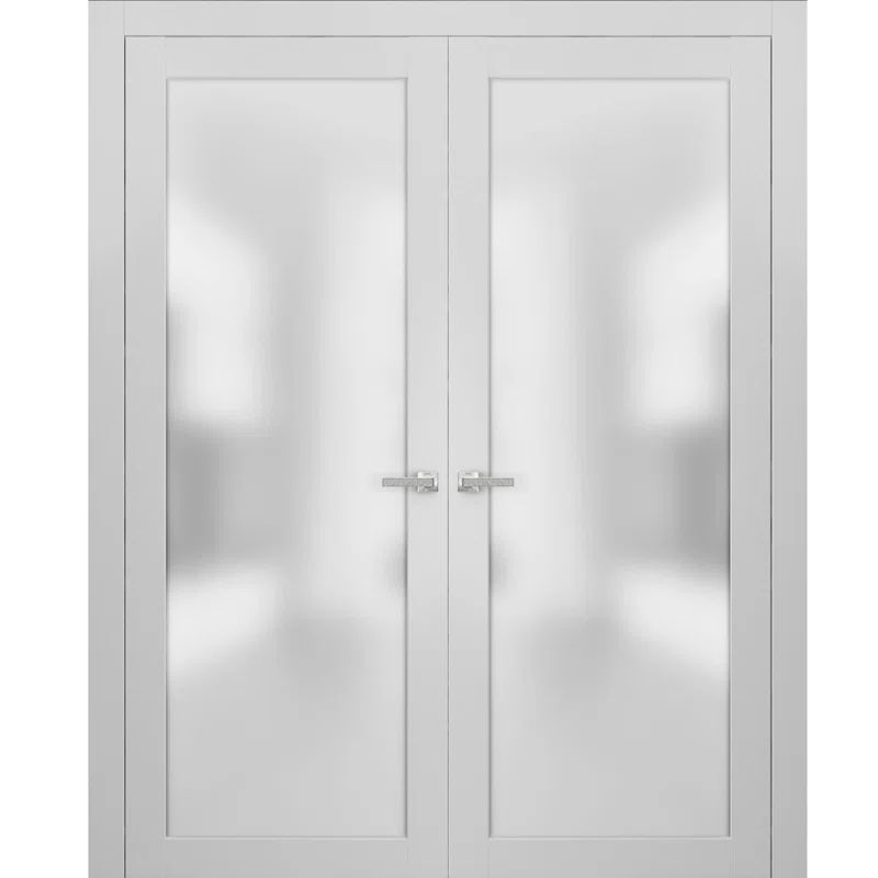 60 x 80 White Solid Wood French Double Doors with Frosted Glass