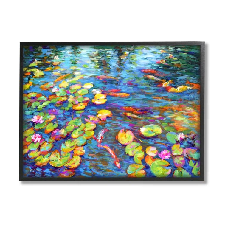 Vibrant Koi Fish and Water Lilies Landscape Canvas Print in Black Frame, 14 x 11
