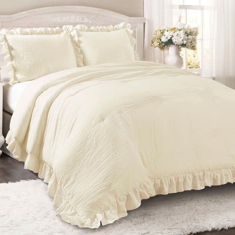 Ivory Full/Queen Microfiber Ruffled Comforter Set