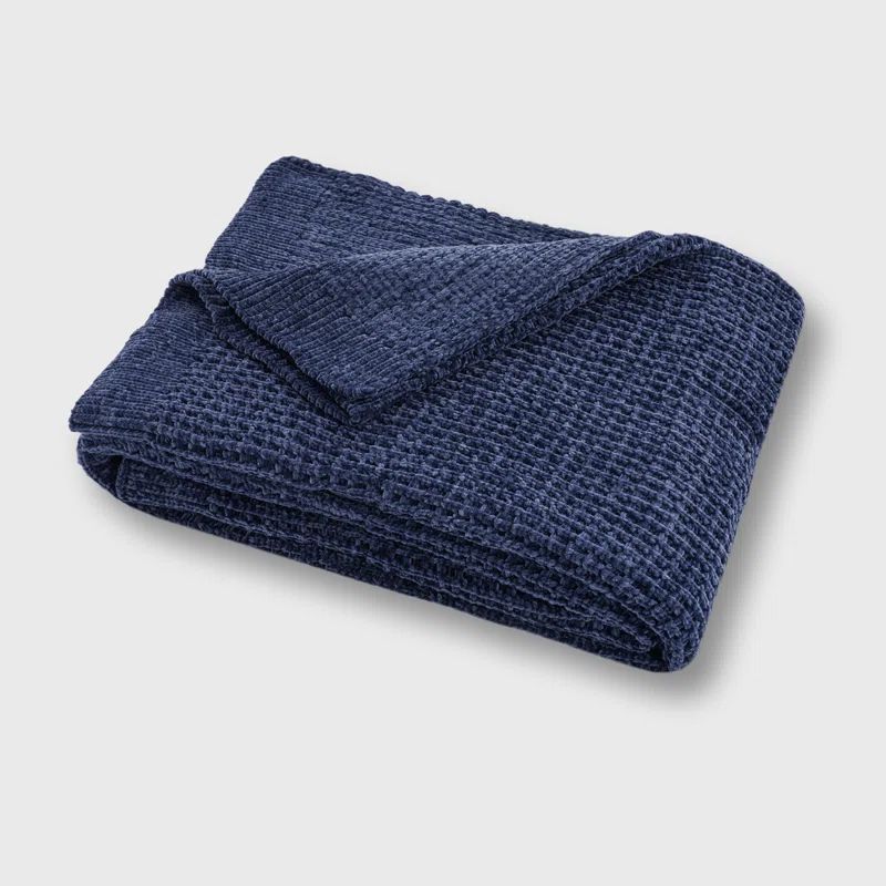 Navy Blue Waffle Weave Cotton Knitted Throw Blanket