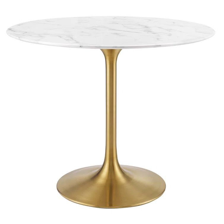 Round White Marble and Gold Pedestal Dining Table