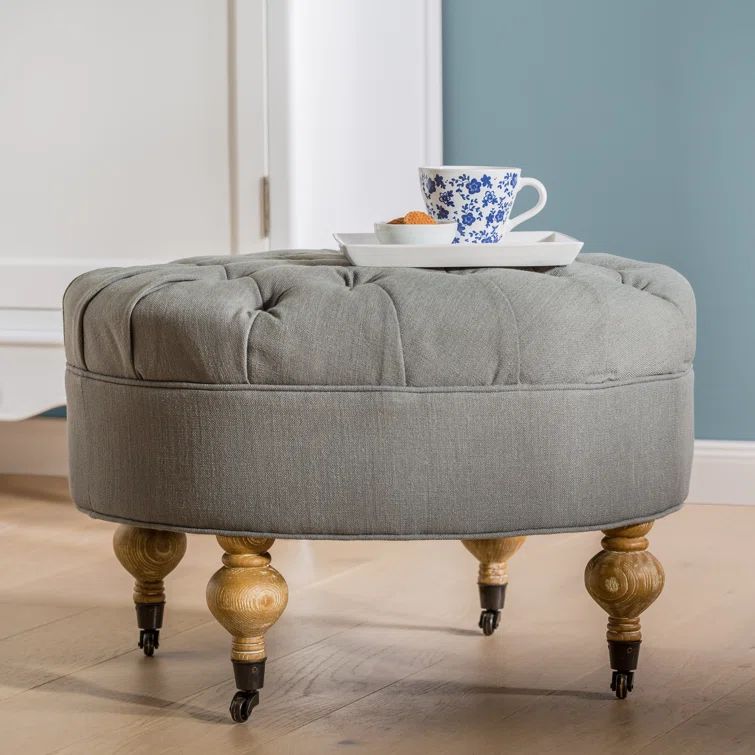 Clara Transitional Granite Grey Tufted Round Ottoman