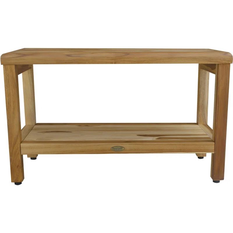 Natural Brown Teak Rectangular Shower Bench with Shelf
