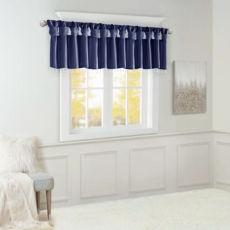 Navy Faux Silk Tab Top Valance with Beads