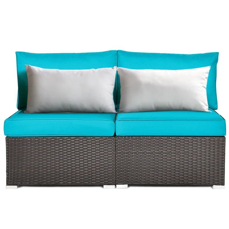 Turquoise Cushioned Brown Wicker Metal Two-Seat Sectional Sofa