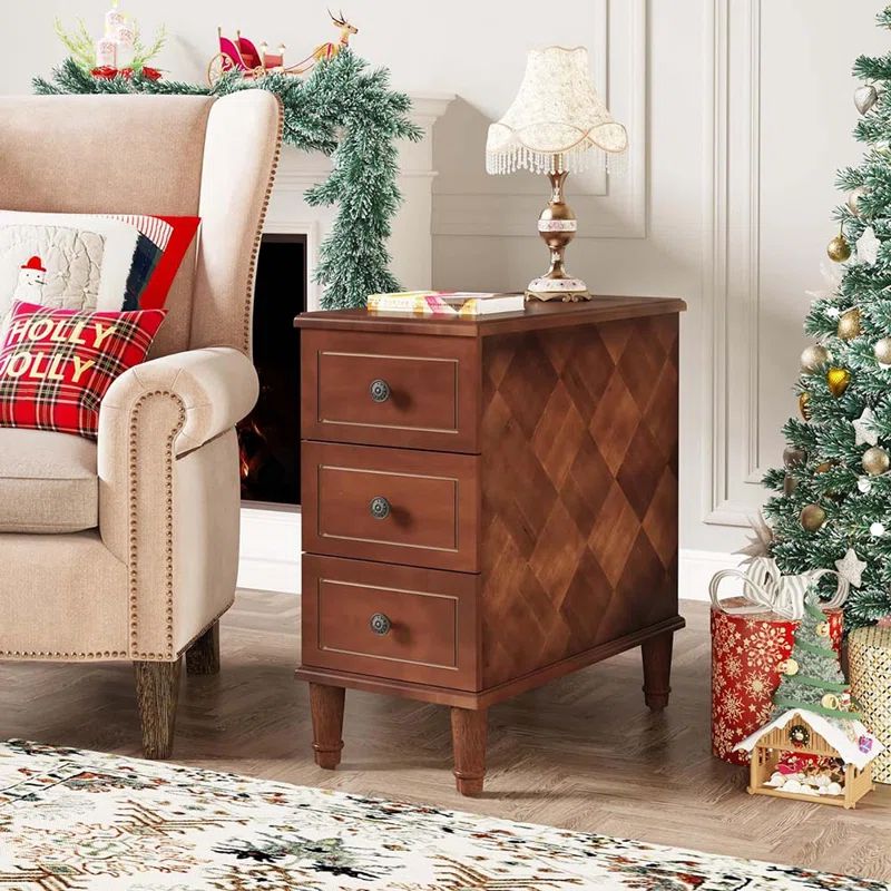 Brown Solid Wood 3-Drawer Narrow End Table