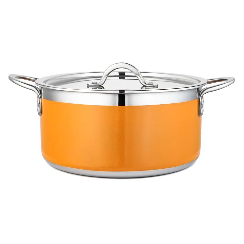 Orange Enamel 5.69 qt. Stainless Steel Soup Pot with Riveted Handles