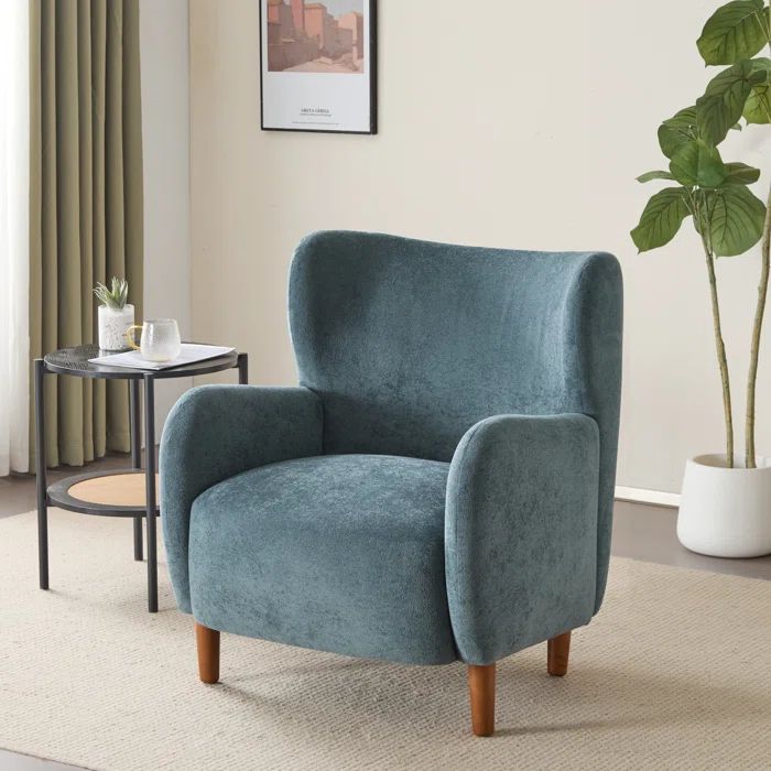 Aqua Blue Velvet Barrel Accent Chair with Wooden Legs