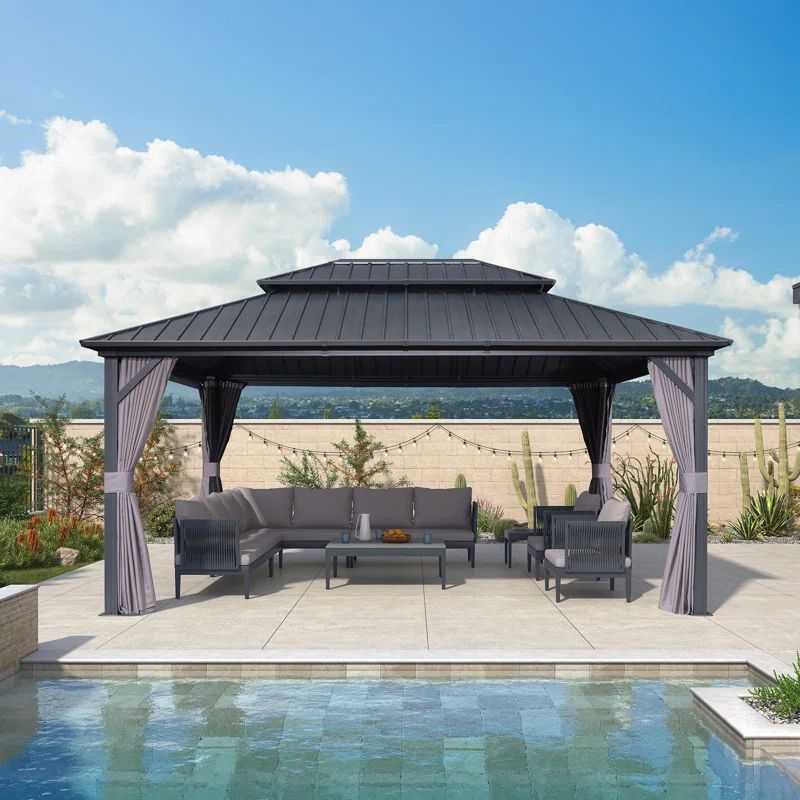 12' x 16' Gray Aluminum Hardtop Patio Gazebo with Netting and Curtains