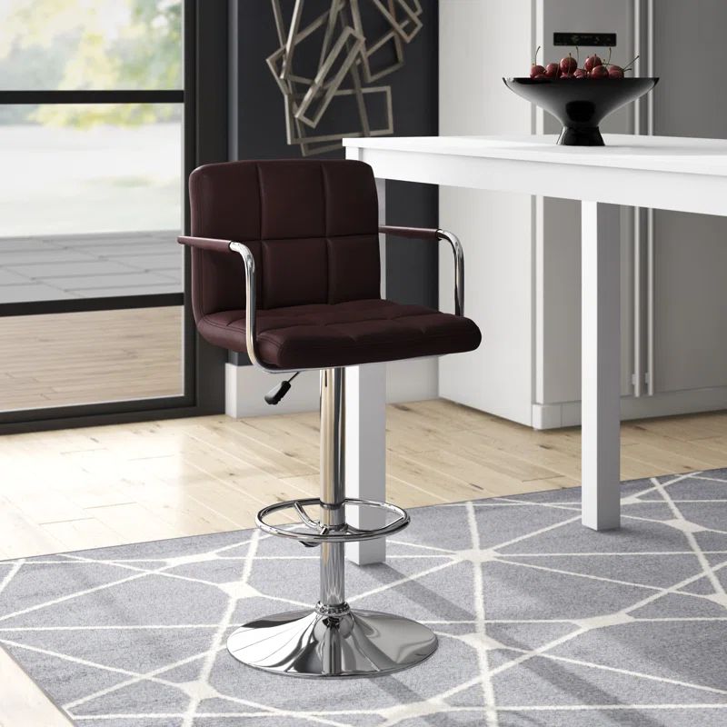 Sleek Brown Quilted Vinyl Adjustable Swivel Barstool with Chrome Base