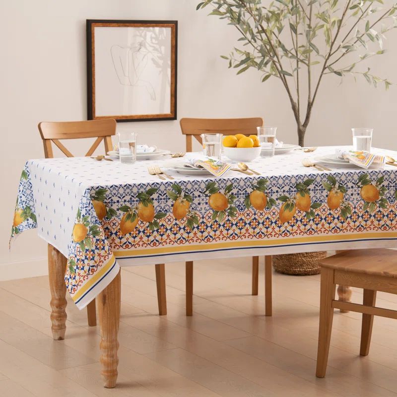 Capri Lemon Double Border Rectangular Fabric Tablecloth, 60" x 120"