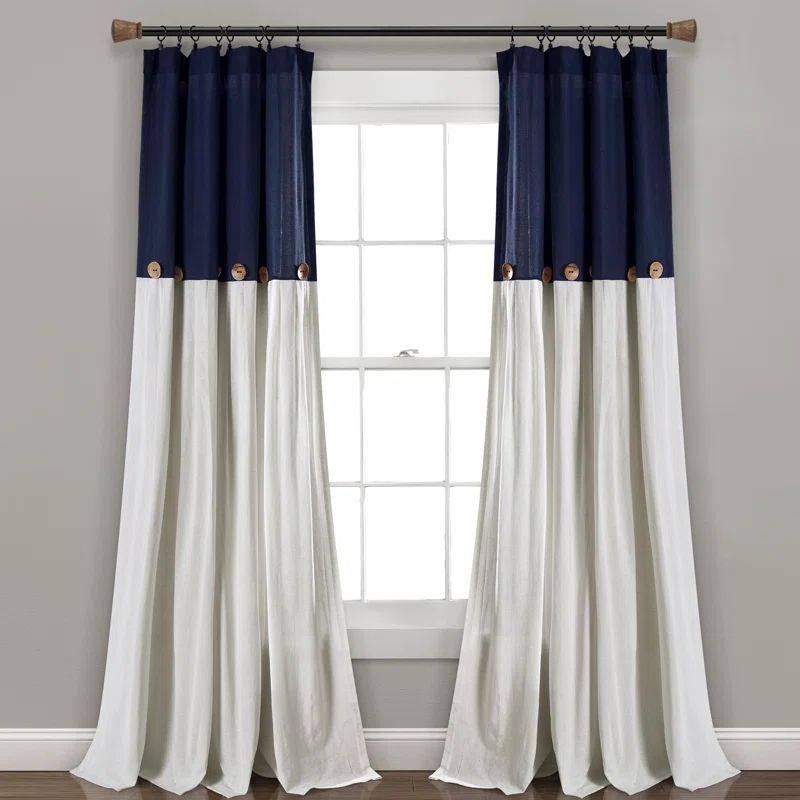 Navy and Off-White Linen Blend Light-Filtering Pleated Curtain Panel