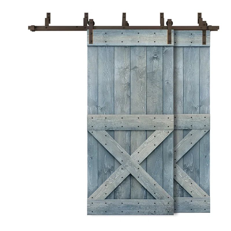 Denim Blue Knotty Pine Solid Core Double Bypass Barn Door