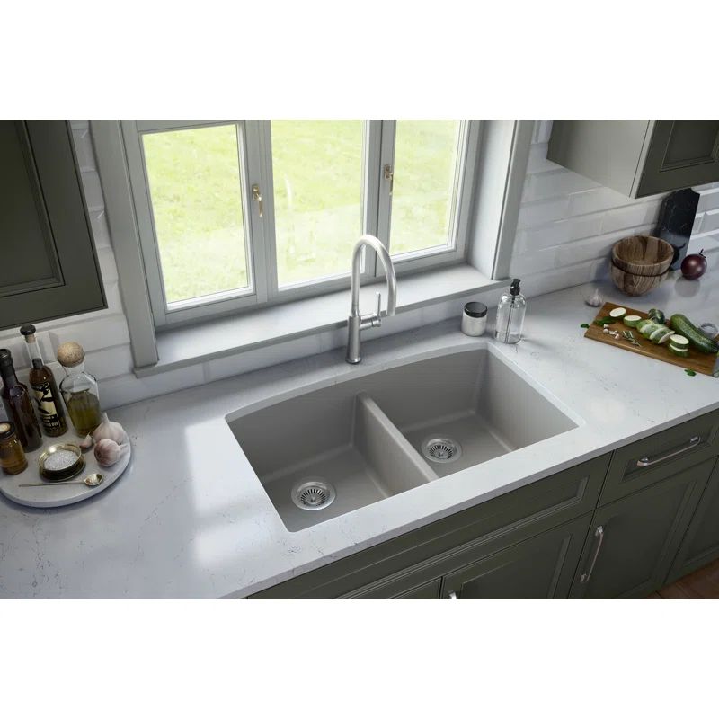 32.5" Matte Gray Quartz Double Bowl Undermount Kitchen Sink
