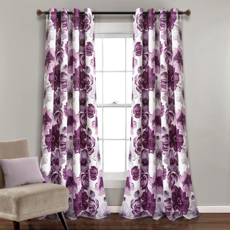 Leah Purple and Gray Floral Blackout Polyester Window Panels