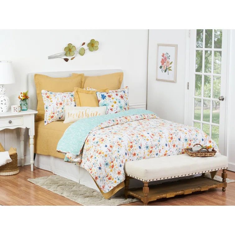 Sky Blue and Floral Cotton Twin Reversible Quilt Set