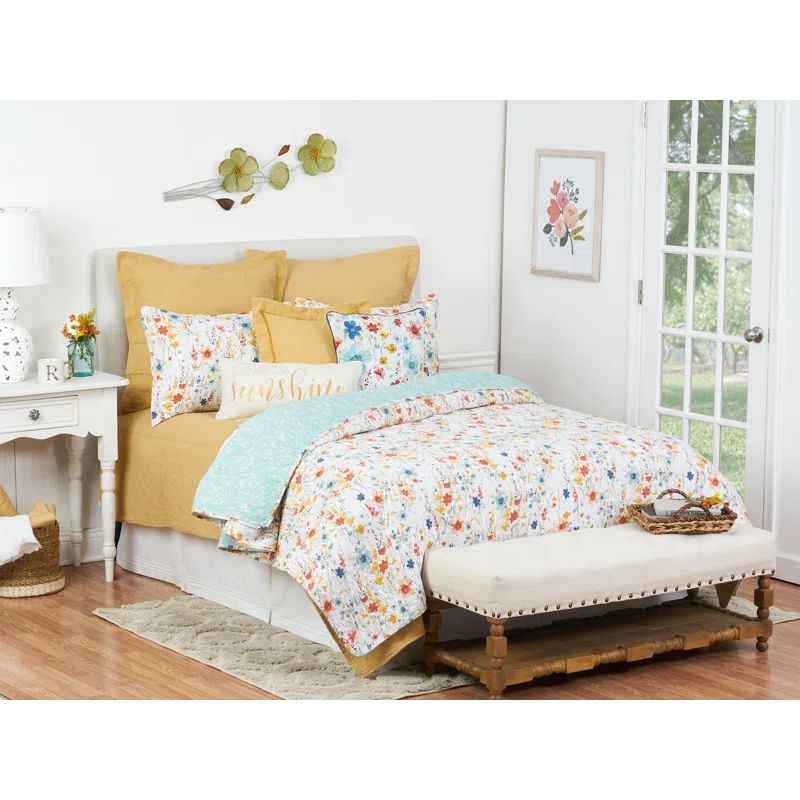 King Size Blue Cotton Reversible Quilt Set with Floral Design
