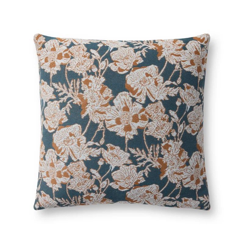 Matilda Blue and Orange Floral Cotton Polyester Throw Pillow 18'' x 18''