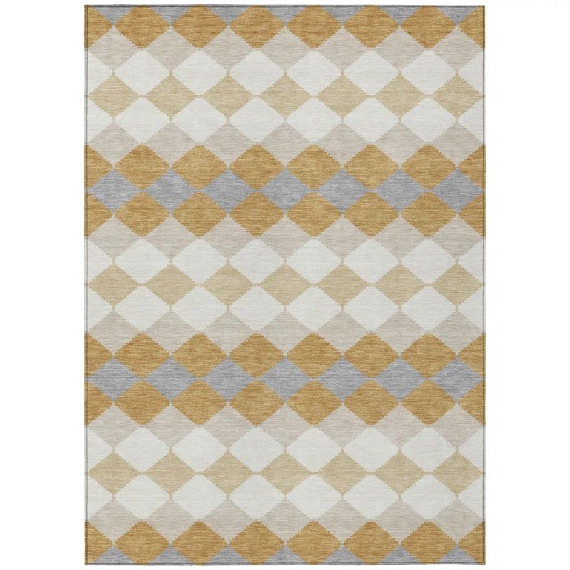 Gold and Gray Diamond Pattern Washable Area Rug