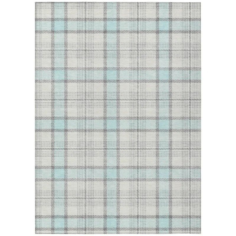 Sky Blue and Gray Synthetic Washable Plaid Area Rug