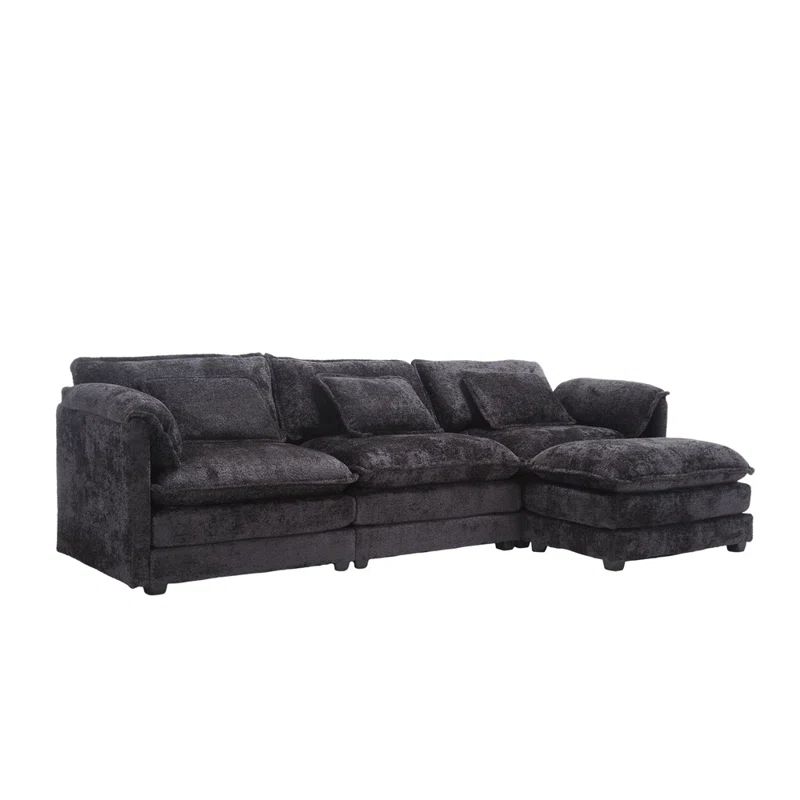 Black Chenille L-Shaped Sectional Sofa with Ottoman