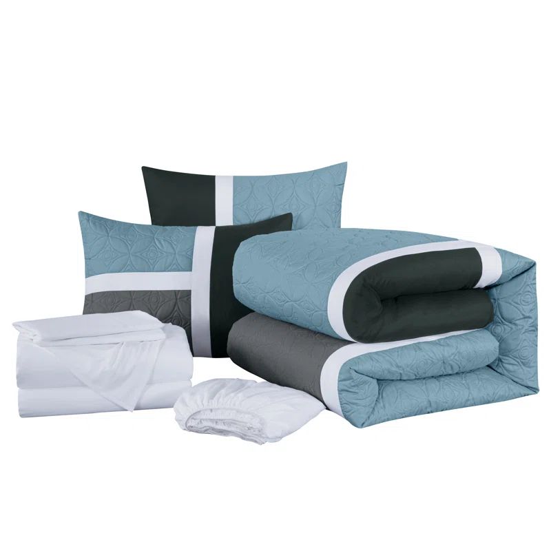 Gray and Light Blue Microfiber Queen Bed in a Bag Set