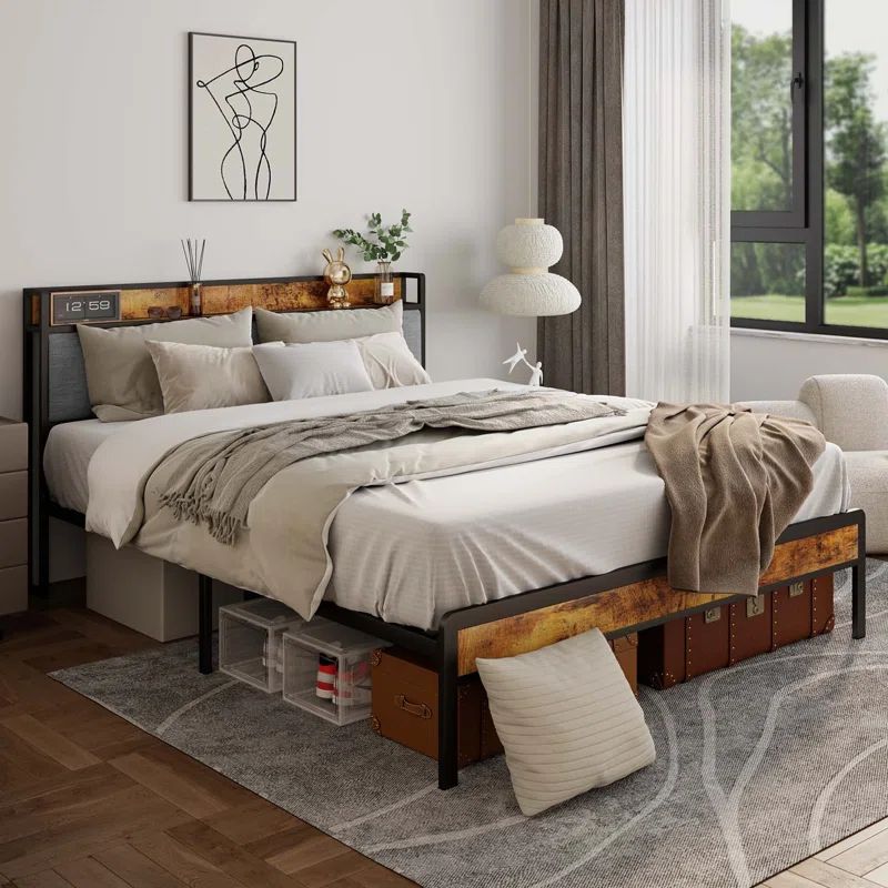 Light Gray Queen Metal Bed Frame with Storage Headboard