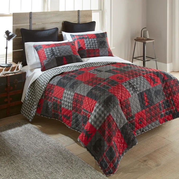 King Size Red and Gray Microfiber Reversible Quilt Set