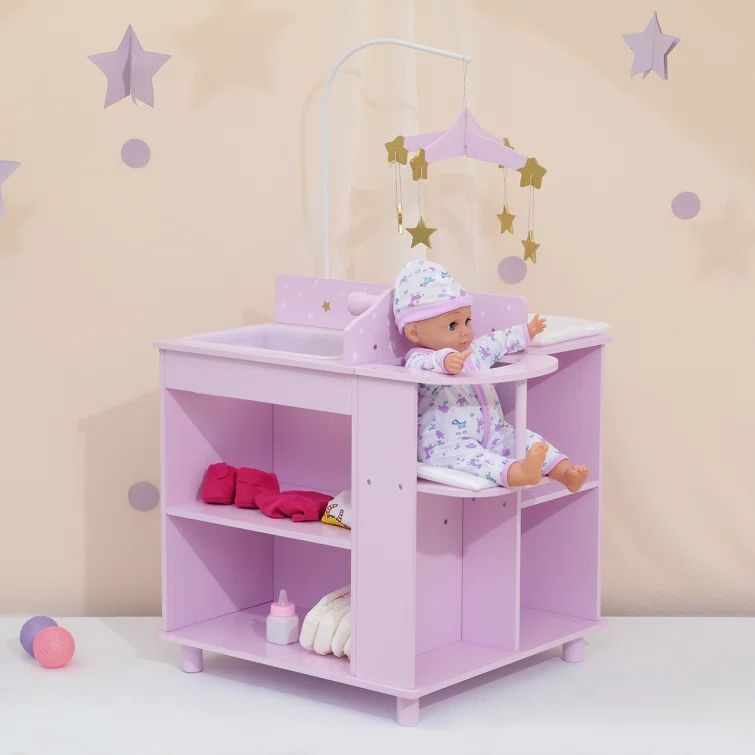 Lavender and White Wooden Doll Changing Station with Mobile