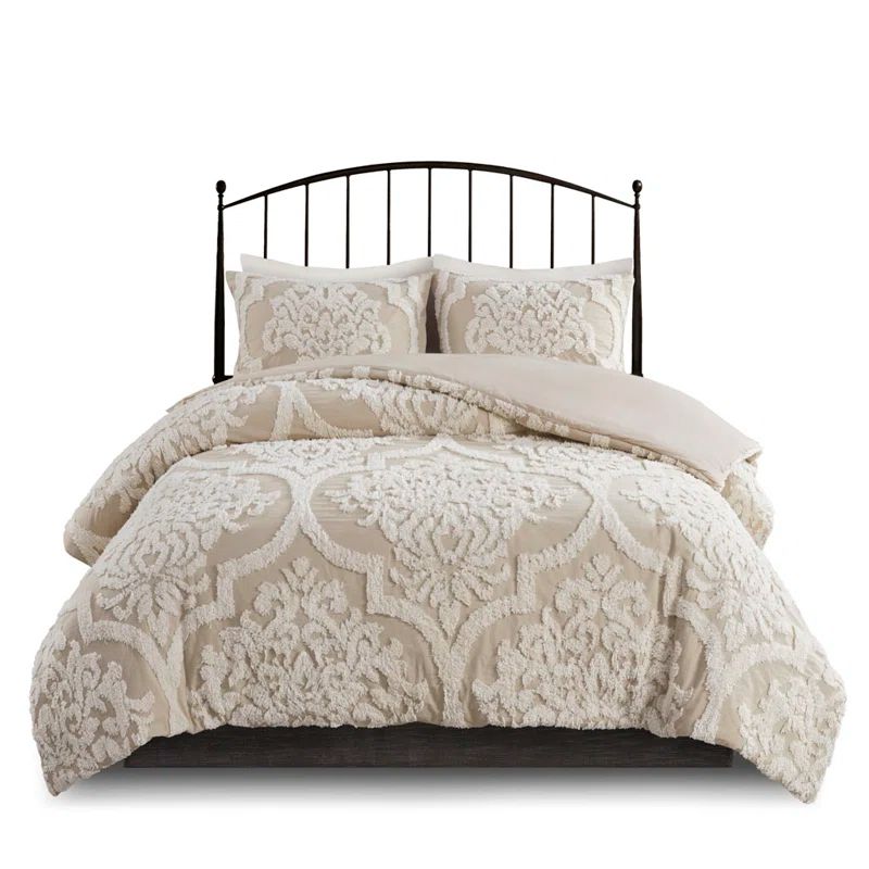 King Taupe Cotton Chenille Damask Comforter Set