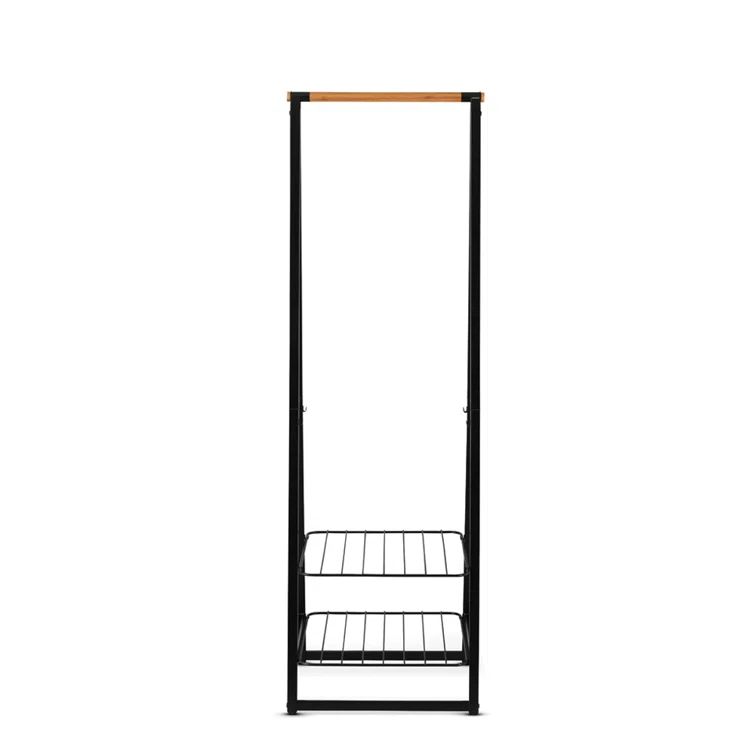 Black Steel and Bamboo Freestanding Garment Rack with Adjustable Shelves