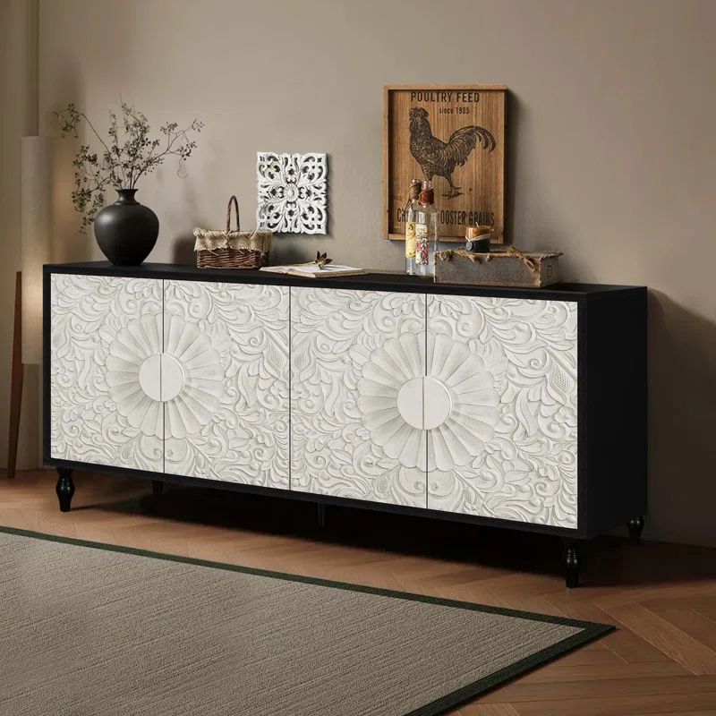 Black and White Carved Wooden Sideboard with Adjustable Shelves