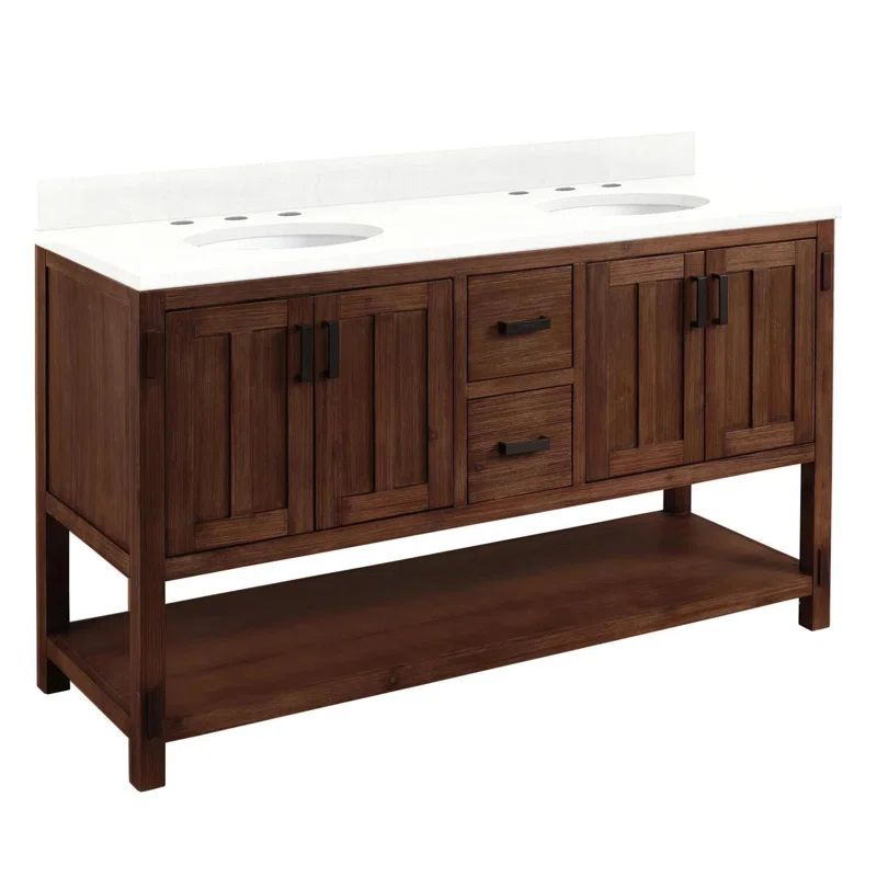 Morris 60" Double Freestanding Vanity in Dark Brown Wood with White Quartz Top