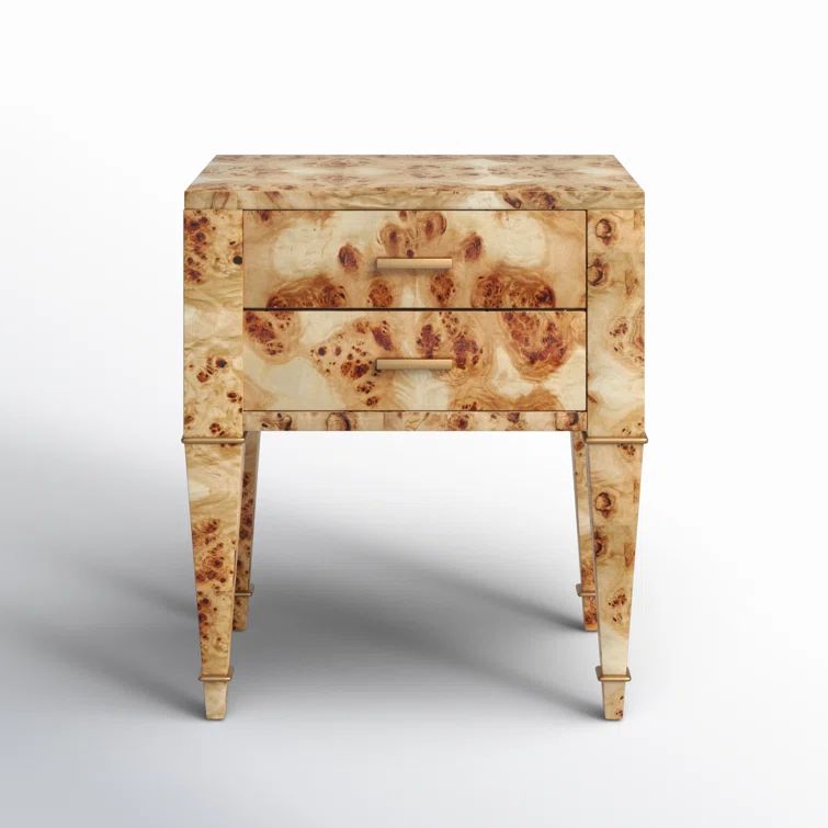 Natural Burl 2-Drawer Nightstand with Gold Detailing