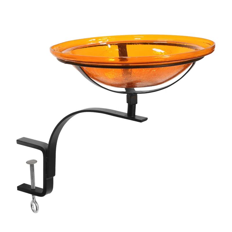 Mandarin Orange Crackle Glass Birdbath with Rail Mount Bracket