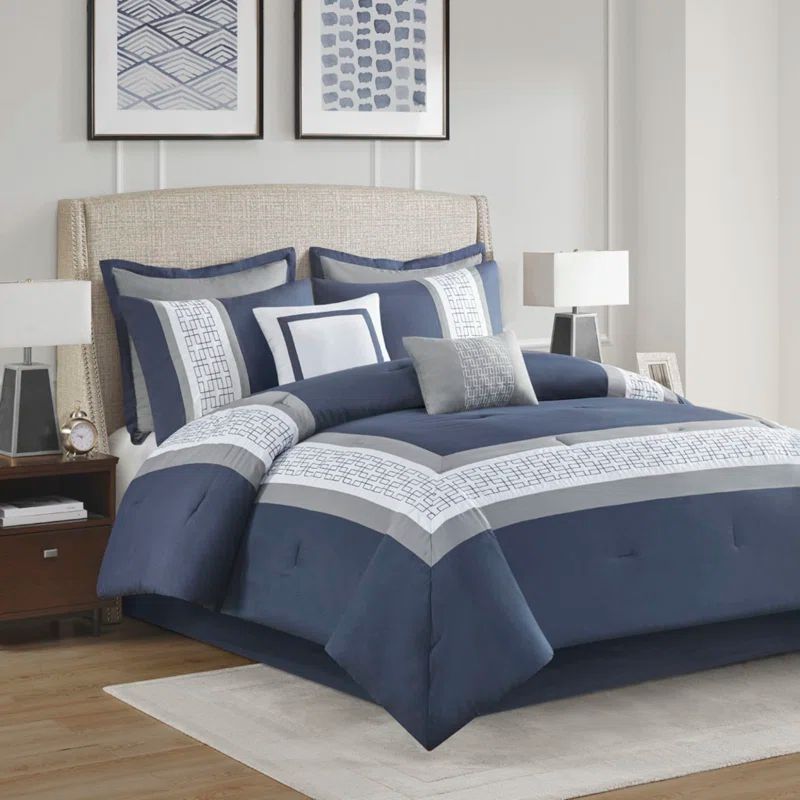 California King Navy Microfiber 8-Piece Embroidered Comforter Set