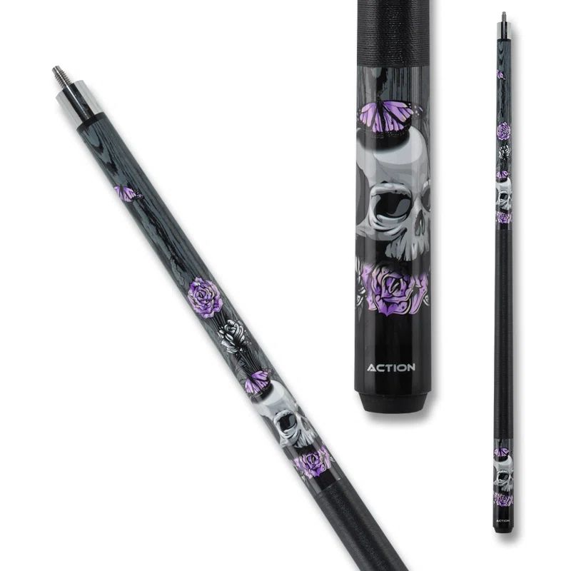 Black and Gray Skull Pool Cue with Purple Roses, 18oz
