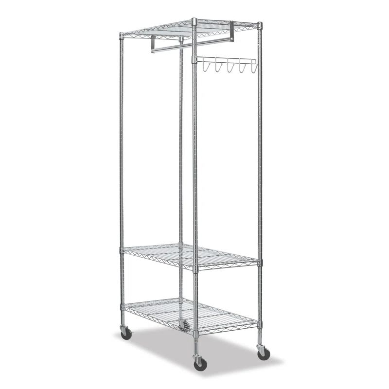 Silver Steel Portable Wire Shelving Garment Rack with Hooks